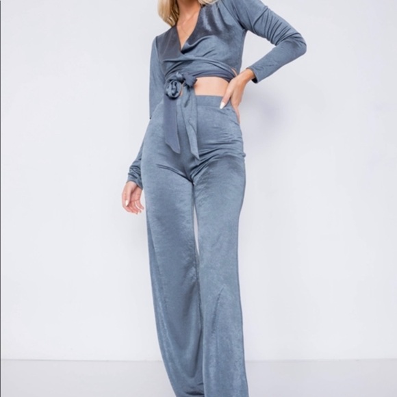 Velvet Satin front self-tie two piece set - Picture 1 of 3